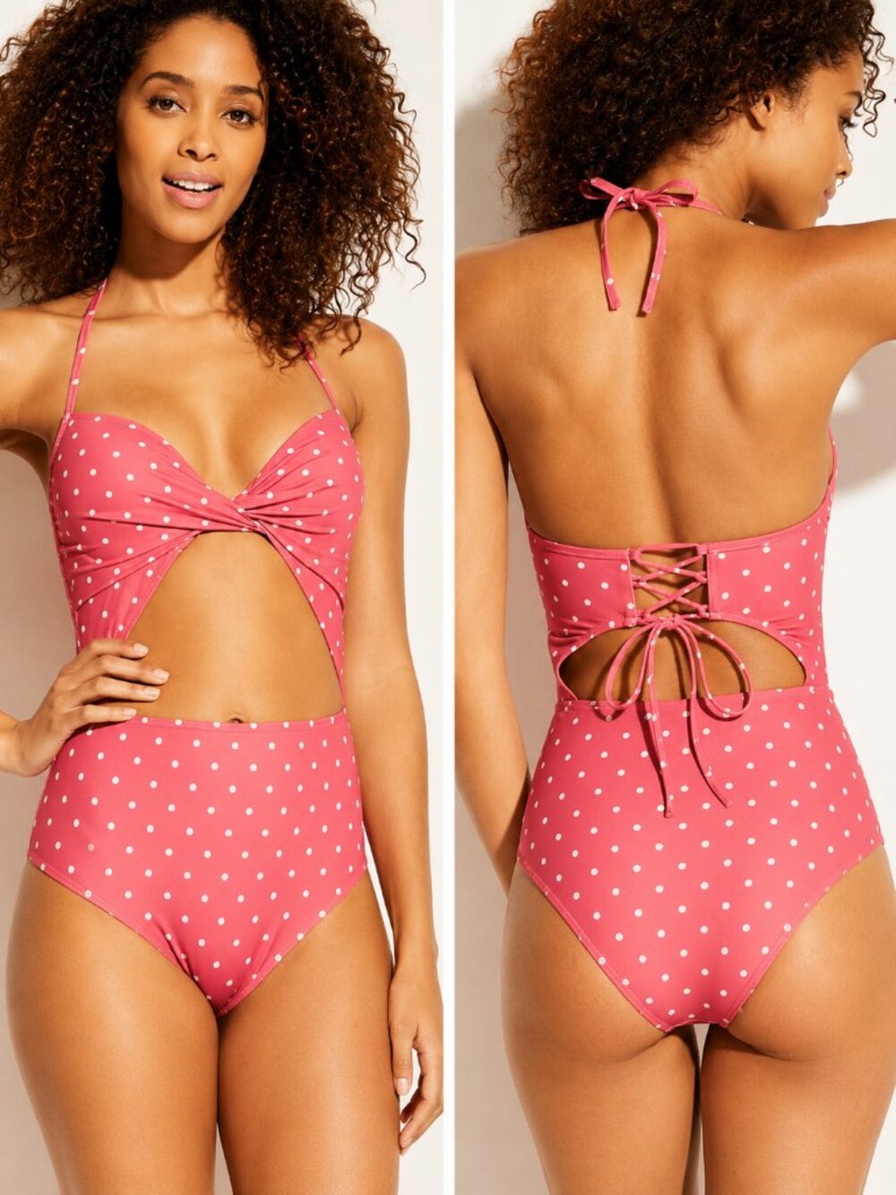 Shade & Shore Polka Dot Cut Out One Piece Swimsuit Pink 34B Halter NWT